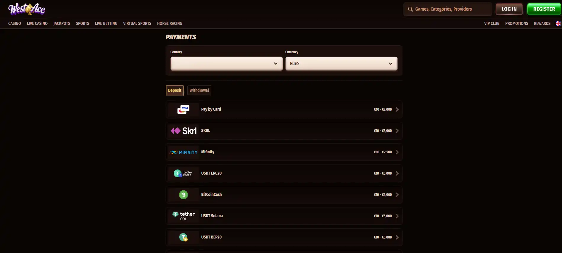 Current Westace payments page with country and currency selectors and payment interface