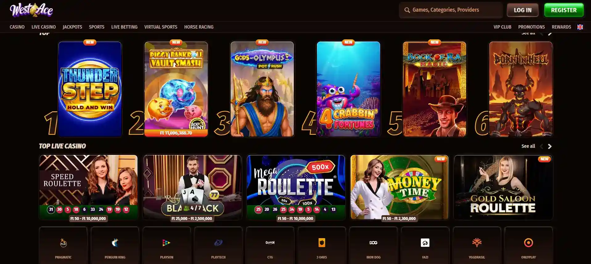 Current Westace casino lobby showing real game categories and provider navigation