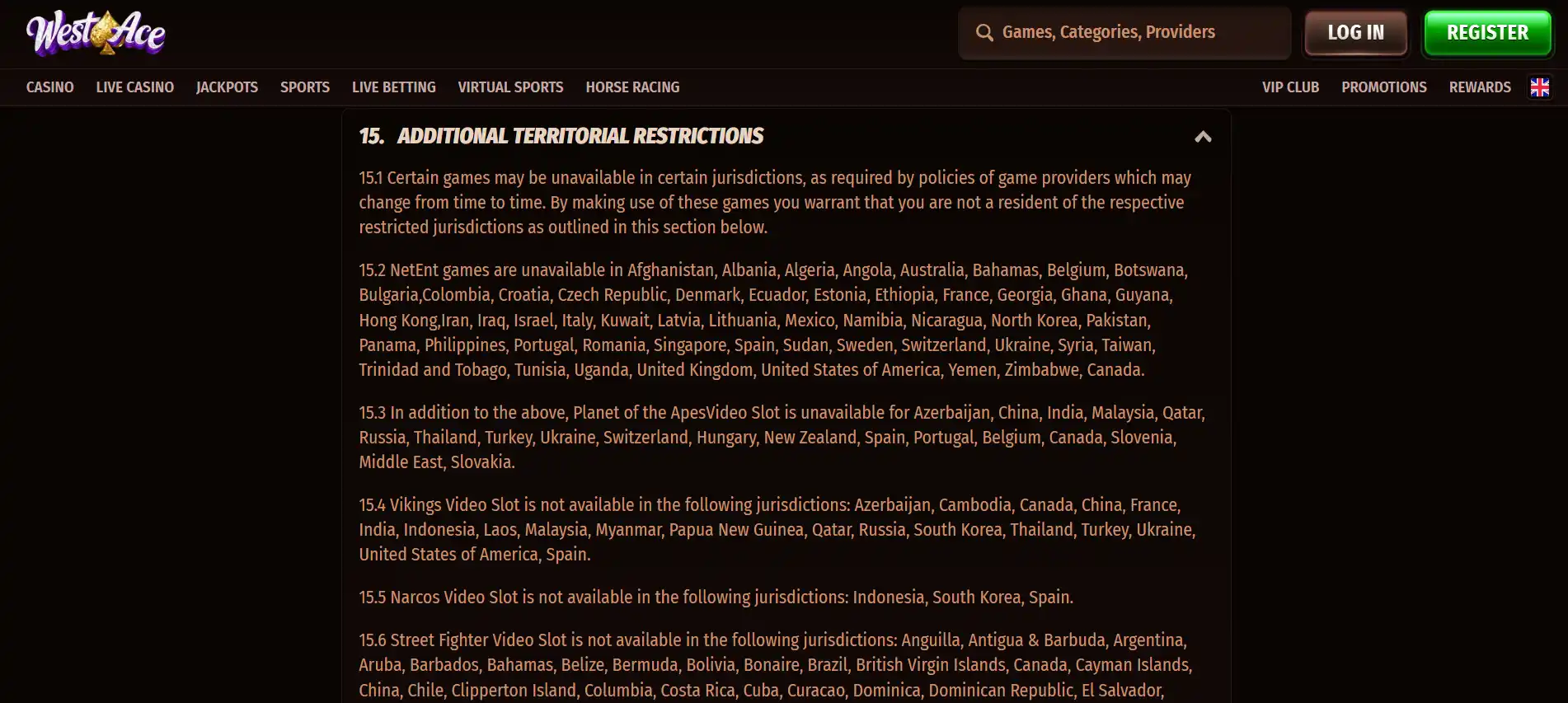Real Westace Terms captures showing the general excluded-jurisdictions section and the separate NetEnt United Kingdom restriction